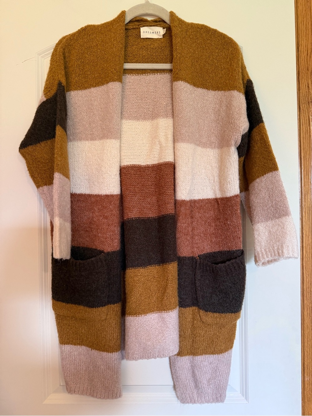 Dreamers Cozy Striped Open-Front Cardigan - Mustard, Blush & Charcoal